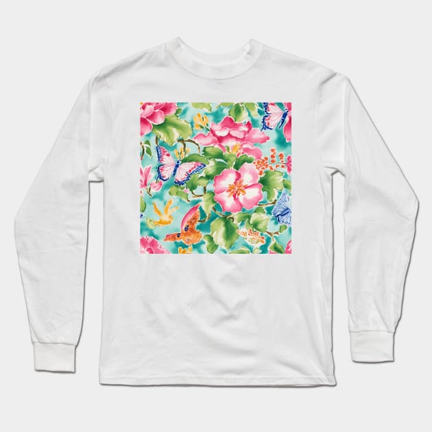 Flowers and butterflies on turquoise Long Sleeve T-Shirt by SophieClimaArt